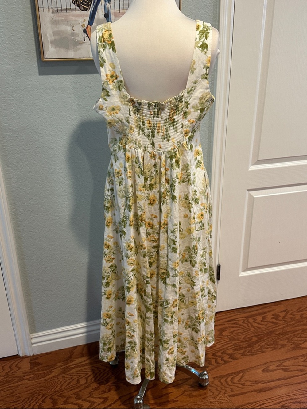 Laura Ashley Sz 14 VTG Floral Midi Dress White Yellow Cottage Square Neck • NEW! - Picture 6 of 12